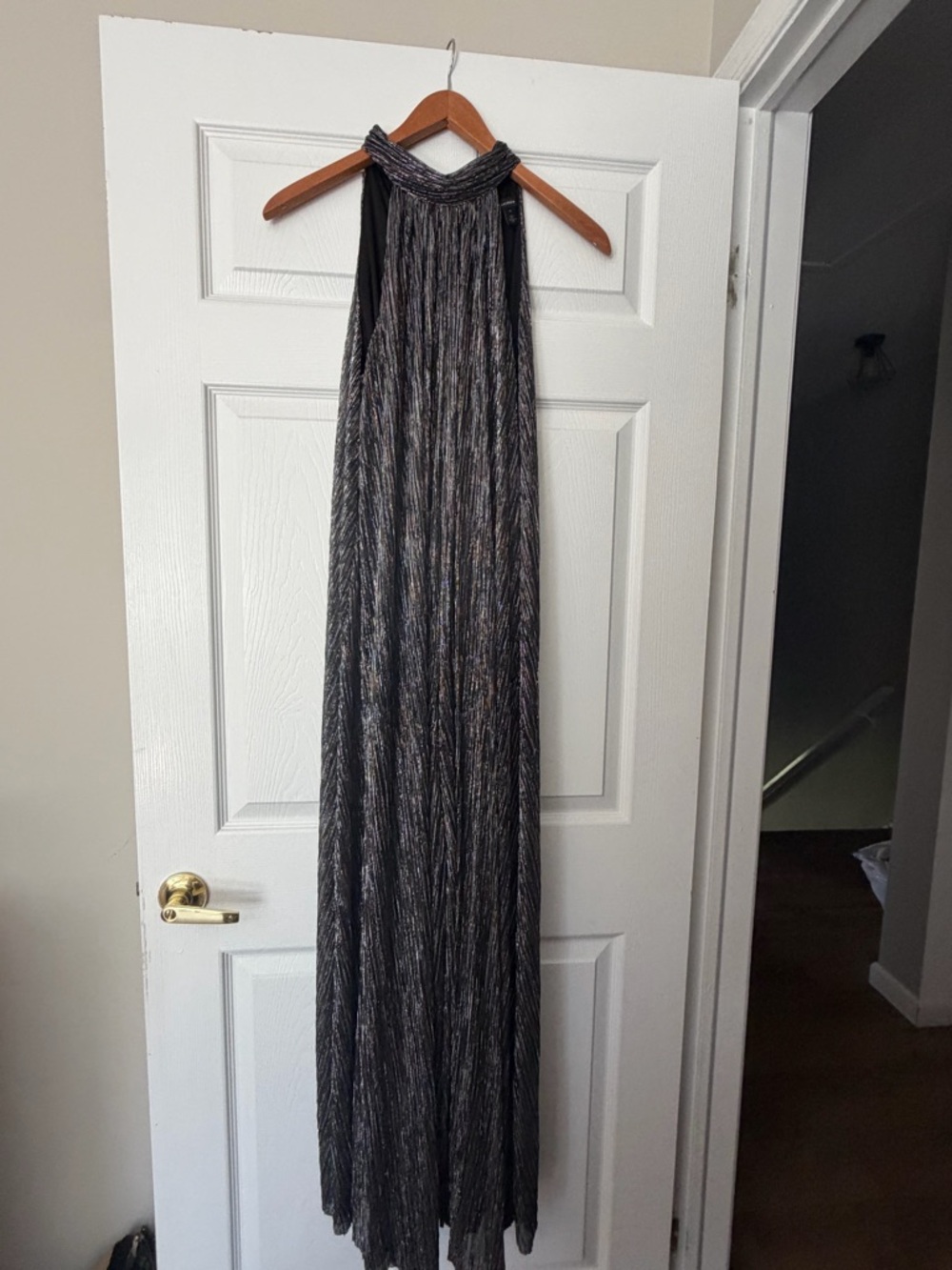 Halogen Metallic Halter Maxi Dress in Black and Silver